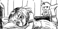 artist:oekakigod bed hugging kapitein_koek laying_down looking_at_viewer mymy no_color oekaki plushie sisa // 500x250 // 55KB