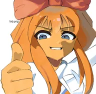 artist:nicololyy blue_eyes bow mymy orange_hair tagme thumbs_up tie white_void // 2048x2000 // 315KB