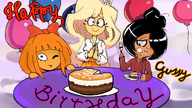 balloon birthday cake coco eating english_text fork hands_together knife looking_at_viewer maya multiple_artists mymy plate rodscorpion_(artist) table tagme tongue_out unknown_artist // 1920x1080 // 1.9MB