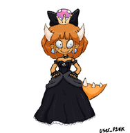 artist:user_p1nk black_bow black_dress bowser crown dress earrings fang gloves hands_on_hips horns mushroom mymy Princess_Peach smile spiked_collar spikes tail // 828x846 // 320KB