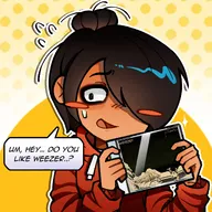 album album_cover blush brown_hair english_text holding_object hoodie maya nervous Pinkerton speech_bubble sweat text text_bubble unknown_artist weezer // 2048x2048 // 512KB