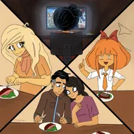 chair coco computer desk food fork knfie maya mymy pointing ravi sitting smile soei tagme unknown_artist // 1179x1170 // 956KB