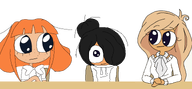 black_hair blond_haar blonde_hair bow coco desk freckles hair_bun hoodie hoodie_strings looking_at_viewer looking_forward looking_left looking_right maya mymy no_background orange_hair oranje_haar shirt_pocket soya soyco subvariant:soya subvariant:soyco template variant:soya variant:soyco variant:soymy zwart_haar // 1488x692 // 190KB