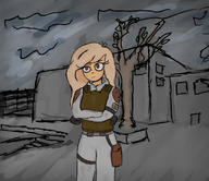 armor buildings clouds coco crossed_arms dirty_clothing gloves satchel shoulder_pads tagme tree unknown_artist vest // 1017x880 // 848KB