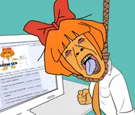 2soyjaks angry anti_ongezellig bloodshot_eyes board bowtie cartoon closed_mouth clothes computer crying freckles full_body glasses hand hanging mymy necktie noose ongezellig open_mouth orange_hair orange_skin rope screenshot skirt soyjak soyjak_party subvariant:chudjak_front suicide text tongue variant:bernd variant:chudjak website yellow_teeth // 1759x1500 // 915KB