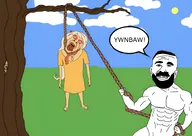 anti_ongezellig arm beard bloodshot_eyes buff cartoon closed_mouth clothes cloud coco_(ongezellig) crying dead drawn_background dress ear eyelashes female full_body golden_tooth green_eyes hair hand hanging holding_object holding_rope lynching makeup mustache nas necklace negan ongezellig open_mouth orange_skin rope soyjak tongue tranny tree variant:bernd yellow_hair yellow_teeth yellow_tooth ywnbaw // 1498x1062 // 309KB