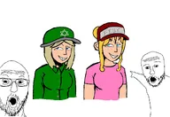 arm aryan blonde_hair character:yana_(ongezellig) character:yfke_(ongezellig) clothes frisian frisian_text glasses hair hat helmet jew jew_and_a_goy jew_and_a_non-jew media:ongezellig meta:probably_traced_from_porn ongezellig open_mouth raised_eyebrow star_of_david stubble text traced variant:two_pointing_soyjaks yfke_(ongezellig) // 1232x850 // 152KB