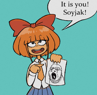 arm blue_background bowtie clothes crying drawing glasses hand holding_object mymy necktie ongezellig open_mouth orange_hair orange_skin paper pointing skirt soyjak speech_bubble stubble text variant:unknown // 972x952 // 1.1MB