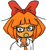 blue_eyes bowtie clenched_teeth clothes eyelashes female glasses mustache mymy necktie ongezellig orange_hair orange_skin soyjak stubble variant:feraljak yellow_teeth // 1362x1507 // 7.8MB