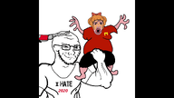 2020 amerimutt animated anti_ongezellig arm artist:romanian_schizo bisected blood bow bowtie brown_skin closed_mouth drill fat glasses gore hair hand holding_object i_hate mymy nikocado_avocado ongezellig open_mouth orange_hair smile smug soyjak stubble text variant:soyak // 1920x1080 // 762KB