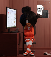 catalog chair closed_mouth clothes computer female full_body glasses hair headphones holding_object maya_(ongezellig) mirror mustache ongezellig orange_skin phone scared screenshot soda soyjak soyjak_party variant:a24_slowburn_soyjak // 681x756 // 400KB