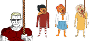 4soyjaks ack anti_ongezellig arm aryan blond blood bloodshot_eyes blue_eyes coco_(ongezellig) full_body hanging holding_rope maya_(ongezellig) mymy ongezellig open_mouth rope subvariant:muscular_chud variant:bernd variant:chudjak // 3433x1511 // 867KB