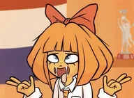 anime_mouth blue_eyes bow bwc coal flag goonbait hand hands hands_on_hips mymy open_mouth orange_hair shelf throphy tie // 533x391 // 33KB