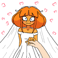 artist:yosack_jaki beautiful blue_eyes blush dress edit freckles heart holding_hands looking_at_viewer looking_at_you marriage mymy orange_hair wedding wedding_dress wedding_ring wife // 590x590 // 12KB