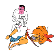 anger_mark angry anti_ongezellig blood bloodshot_eyes bow chud clenched_teeth closed_mouth clothes crying decapitation ear execution hair holding_object holding_sword kneeling mymy necktie ongezellig orange_hair orange_skin pink_skin severed_head skirt soyjak stubble sword tongue variant:bernd variant:chudjak vein weapon yellow_teeth // 1729x1604 // 161KB