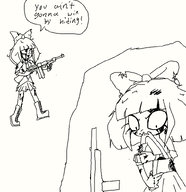 also_mymy artist:brim bandage blood gun hiding meta:general_fanart mymy speaking // 772x795 // 12KB