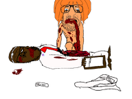 beard blood blue_eyes clipboard clothes doctor dr_soyberg full_body glasses gore mustache mymy ongezellig orange_hair orange_skin soyjak stubble text tranny variant:a24_slowburn_soyjak variant:israeli_soyjak // 1590x1194 // 131KB