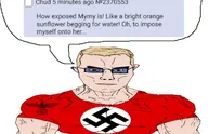 arm buff chad closed_mouth clothes ear flag:nazi_germany glasses mymy nazism ongezellig soyjak soyjak_party speech_bubble subvariant:chudjak_front subvariant:muscular_chud swastika text tshirt variant:chudjak white_skin yellow_hair // 457x295 // 32KB