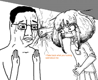 bowtie closed_mouth collared_shirt domestic_abuse eyelashes fight fist frown glasses hair hand hands_up mymy nose ongezellig orange_text orangetext pocket punch scared shadow sketch skirt soyjak stripes sweating text variant:chudjak // 761x624 // 26KB