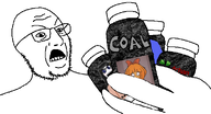 4chan bottle coal discord disgusted glasses hand ongezellig open_mouth pill pill_bottles pills smile soyjak stubble variant:pillsjak variant:soytan // 581x314 // 58KB