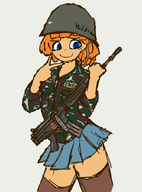artist:feud assault_rifle gun helmet looking_at_viewer military_uniform mymy peace_sign skirt smile // 612x827 // 229KB