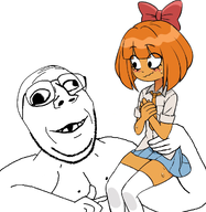 arm bowtie buff clothes cross_eyed deformed female glasses hair hand holding_object looking_at_each_other mymy necktie nipple ongezellig orange_hair orange_skin skirt smile soyjak stubble subvariant:emmanuel subvariant:wholesome_soyjak swolesome variant:gapejak wink // 1020x1050 // 466KB