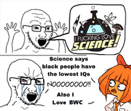 2soyjaks bloodshot_eyes bwc crying glasses hand hands_up i_love i_love_science iq mymy ongezellig open_mouth science soyjak stubble text variant:soyak // 1125x948 // 798KB