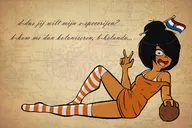 ahegao alternate_outfit blush coconut dutch_flag dutch_text hair Indonesia looking_at_viewer map official_art peace_sign pin saliva voc // 2435x1620 // 1.4MB