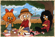 artist:aidanisl8 basket black_hair blonde_hair blue_eyes bow brown_eyes coco crossed_arms eating falling_leaves field flower flowers freckles grass green_eyes Klomp leaf lunch maya meta:general_fanart mymy necklace orange_tulip orange_tulip_field orange_tulips overalls picnic picnic_basket picnic_blanket scenery shoe shoes stroopwafel tagme tree tulip tulip_field tulips windmill // 1161x794 // 991KB