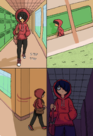 :( artist:fisheye bag comic holding_object locker lockers looking_away looking_down maya meta:rijkskunst onomatopoeia walking window // 1387x2012 // 363KB