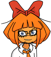 angry bowtie cartoon dutch eyelashes female glasses hair hair_ribbon mymy ongezellig orange_hair orange_skin smile soyjak stubble variant:feraljak // 769x851 // 166KB