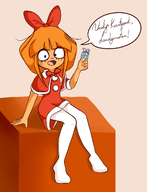 alternate_outfit dutch_text gussywussy_(artist) looking_at_viewer mymy present sitting speech_bubble speking // 1913x2500 // 709KB