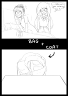 artist:lidlyarts bag black_and_white chair coat coco mymy text_bubble white_background // 2480x3508 // 737KB