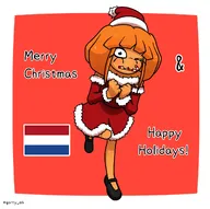 & ;3 artist:qarty_oh blue_eyes candy_cane christmas dress dutch_flag english_text flag:netherlands freckles hat meta:rijkskunst mymy santa_hat shoes text wink winking // 2000x1990 // 244KB