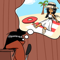 artist:loberts_rucas2 beach chait clouds desk dress hat inner_tube maya outside palm_tree sandals sitting smiling thought_bubble towel tree // 1280x1280 // 510KB