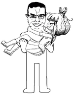 arm blush boots bowtie closed_mouth collared_shirt eyelashes full_body glasses hair holding_object monochrome mymy nose ongezellig sketch skirt smile soyjak subvariant:chudjak_front variant:chudjak wholesome // 842x1075 // 32KB