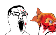angry blood bloodshot_eyes bowtie cartoon chud clothes crying glasses gore hair hand holding_object holding_severed_head mustache mymy ongezellig open_mouth orange_hair orange_skin screaming severed_head soyjak stubble tongue variant:bernd variant:chudjak yellow_teeth // 977x605 // 306KB