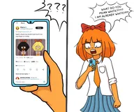 angry black_or_chinese fist mymy phone pilgrim question_mark raceswap speaking speech_bubble twitter xitter yelling // 2592x2160 // 300KB