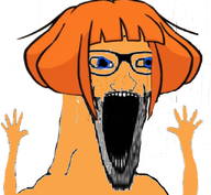 blue_eyes cartoon female glasses hair hand hands_up mymy ongezellig orange_hair orange_skin soyjak stubble subvariant:wewjak variant:soyak // 640x591 // 286KB