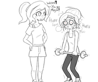 barbell bloodshot_eyes blushing coco english_text hands_on_hips headband lifting maya no_color shaking shorts smiling sportswear sweatband sweating tagme unknown_artist // 1200x1000 // 358KB