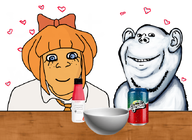 alternate blue_eyes bowl cartoon clothes ear eyelashes female hair impish looking_at_you mymy ongezellig orange_hair orange_skin shading smile soy soyjak soylent soylent_(strawberry) sproke sproklent stubble table transheart variant:feraljak variant:impish_soyak_ears // 670x489 // 233KB