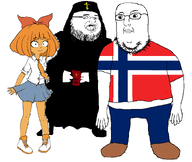 2soyjaks bible bowtie closed_mouth clothes country cross female flag flag:norway full_body glasses hair hat holding_object marriage mymy necktie norway ongezellig open_mouth orange_hair orange_skin orthodox_church priest skirt soyjak stubble variant:fatjak variant:norwegian wedding // 1447x1219 // 110KB