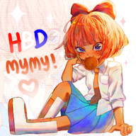 :3 artist:diceqi birthday blue_eyes boots eating eyelashes happy_birthday heart looking_at_viewer mymy niggerwiggle orange_hair shirt sitting skirt smiling sparkles stroopwafel tie // 1280x1280 // 1.7MB