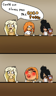 artist:rot black_hair blonde_hair bloodshot_eyes bowl breakfast cereal closed_mouth clothes coco cocoa_puffs drawn_background frown glasses hair heart maya mymy open_mouth orange_hair pepe soyjak stubble table text tired tshirt variant:childut // 999x1710 // 228KB