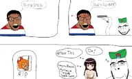 angry anime anti_ongezellig arm bloodshot_eyes bowtie brown_eyes brown_hair brown_skin closed_mouth clothes comic country dead female flag flag:netherlands flag:srpska glasses golden_tooth gravestone gun hair hand hanging hat holding_object murder mustache mymy netherlands ongezellig open_mouth orange_hair orange_skin rope serbia smile soyjak speech_bubble srpska stubble suicide text thought_bubble tongue variant:bernd variant:cobson variant:feraljak yellow_teeth // 1920x1148 // 307KB
