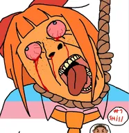 anti_ongezellig badge blood bloodshot_eyes blue_eyes bowtie clothes female hanging mymy necktie ongezellig open_mouth orange_hair orange_skin rope shill soyjak studio_massa suicide tongue variant:bernd // 1254x1294 // 290KB