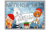 cato coco elf gift henk maya mymy new_year postcard santa_hat smiling swastika // 2326x1493 // 2.2MB