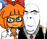 2soyjaks blue_eyes clothes friendship glasses hand happy looking_at_you mymy necktie no_more_brother_wars ongezellig orange_skin smile soyjak stubble tuxedo variant:cobson variant:feraljak wine // 664x551 // 276KB