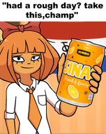 artist:Sweetcocolosa blue_eyes bow edit english_text meta:general_fanart mymy mymy's_room mymy_giving_you_a_drink niggerwiggle orange orange_(fruit) orange_pop pop question_mark skirt soda sodapop sodapop_can text tie voc voc_flag // 5000x6300 // 8.1MB