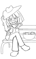 artist:portalverse bench bowl candy cowboy_costume cowboy_hat halloween lollipop looking_at_viewer meta:general_fanart mymy no_color sheriff's_star sitting // 339x549 // 60KB